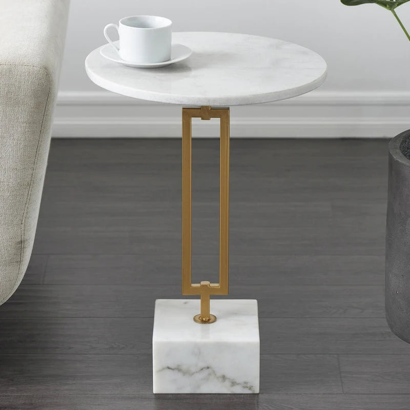 White Marble Round Accent Side Table with Gold Metal Stand, 15.65"x 22.6"H