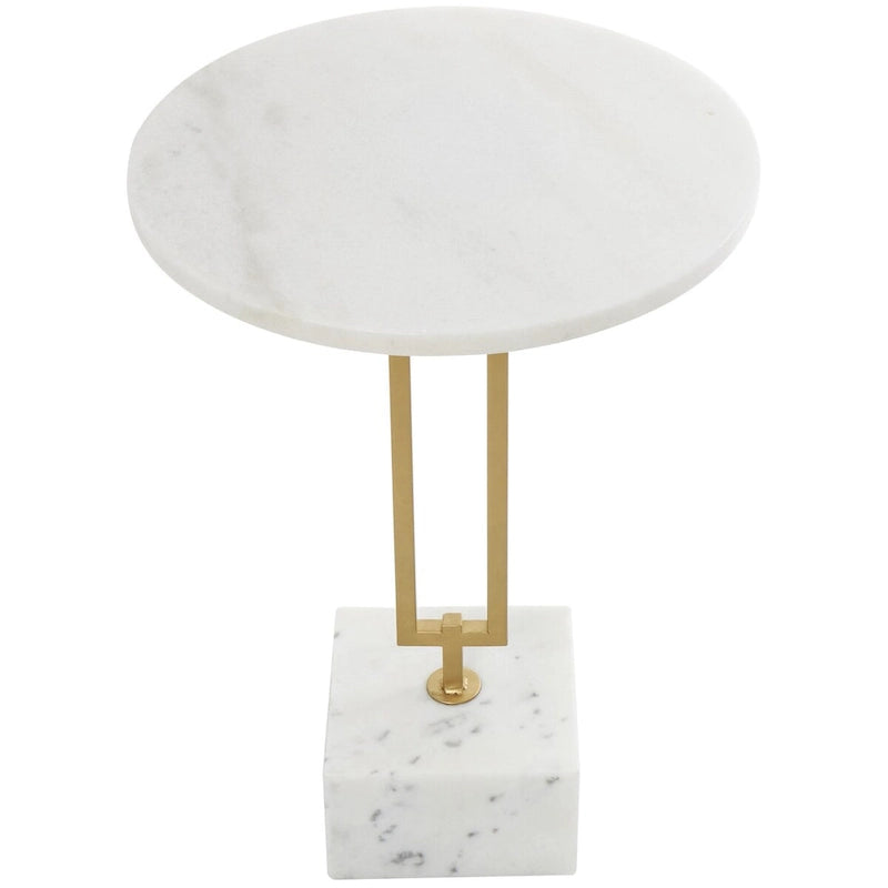 White Marble Round Accent Side Table with Gold Metal Stand, 15.65"x 22.6"H