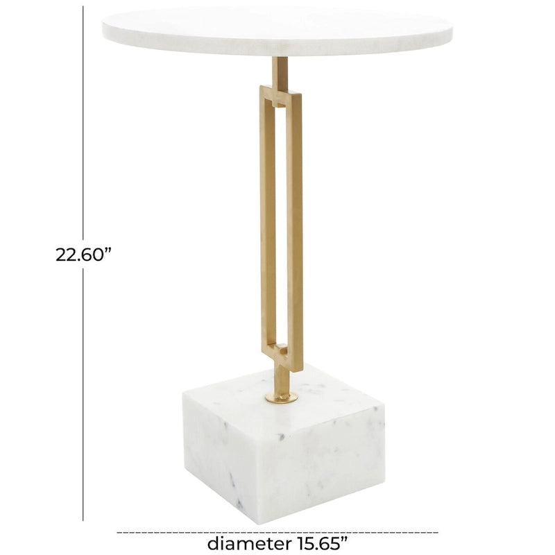 White Marble Round Accent Side Table with Gold Metal Stand, 15.65"x 22.6"H